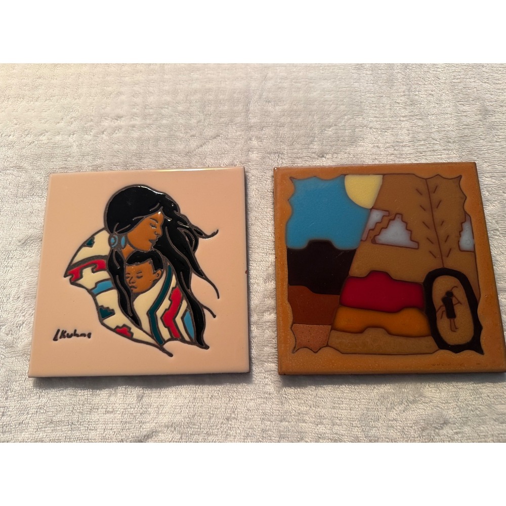 Earthtones Hand Glazed Tiles Tucson AZ Southwest Mother Child Kokopelli Set of 2